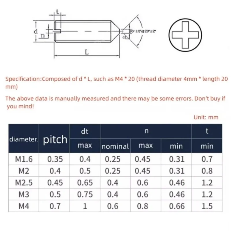 10/100pcs M2 M2.5 M3 M4 304 Stainless Steel Cross Recessed Tapered End Headless Grub Bolt Phillips Cone Point Set Screw