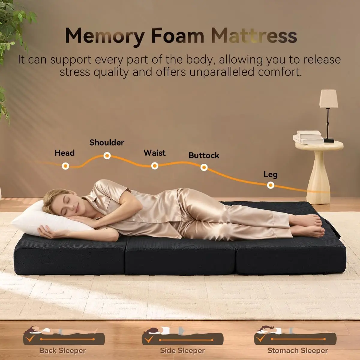 Queen Size Tri-Fold Memory Foam Mattress - 6 Inch Foldable Mattress with Washable Cover, Carrying Handles and Non-Slip Bottom for Yoga, Living Room, Camping, 78 x 58 x 6 Inches, Black