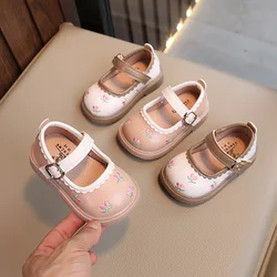 Spring Autumn Kids Leather Shoes Toddler Girl's Mary Janes Flower Embroider Shallow Sweet Children Single Shoes Hook-loop Comfy