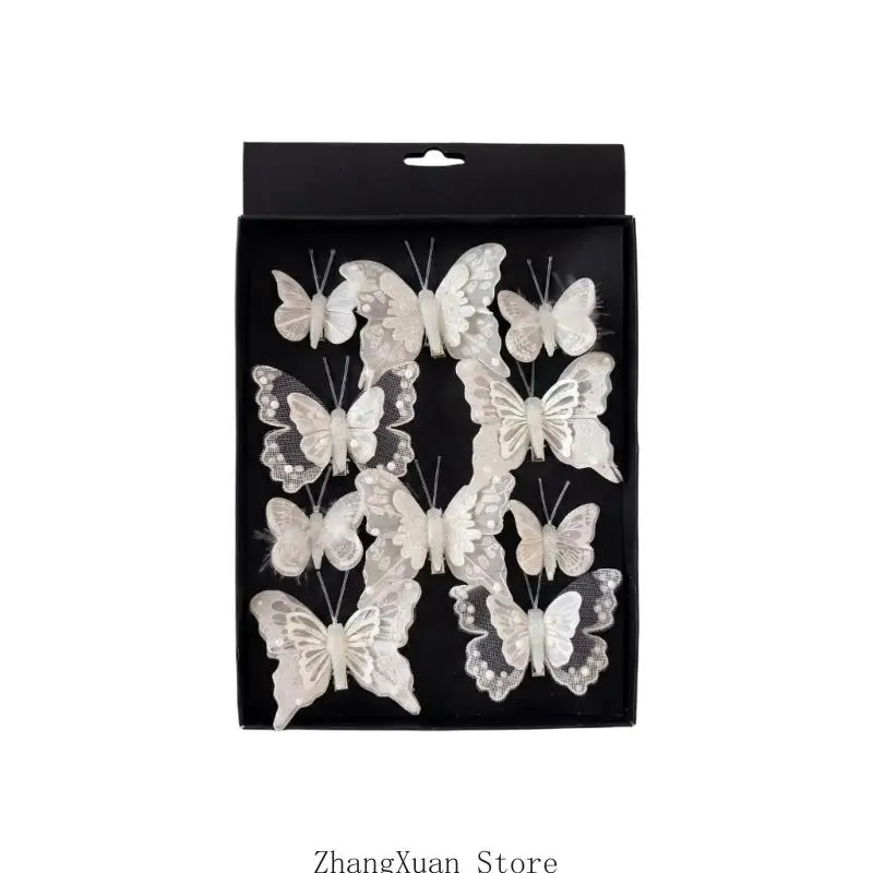 10-Piece Reflective Butterfly Hanging Set with Metal Clip and Double-Wing Detail for Christmas Tree and Festival Wreath Displays