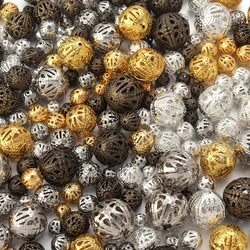 4 6 8 10 12 14mm Metal Iron Hollow Ball Flower Beads Gold Color Filigree Spacer Round Beads For DIY Jewelry Making Accessories