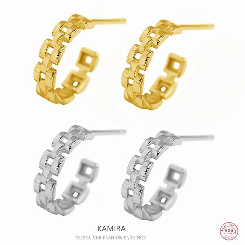 KAMIRA Genuine 100% 925 Sterling Silver Simple Fashion Sweet Hollow Knit Chain Stud Earrings For Women Punk Party Fine Jewelry