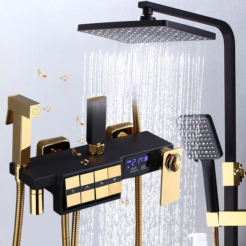 Chrome Digital Piano Shower Set Quality Brass Thermostatic Bathroom Shower Sprinkler System LED Digital Bathroom Shower Faucets