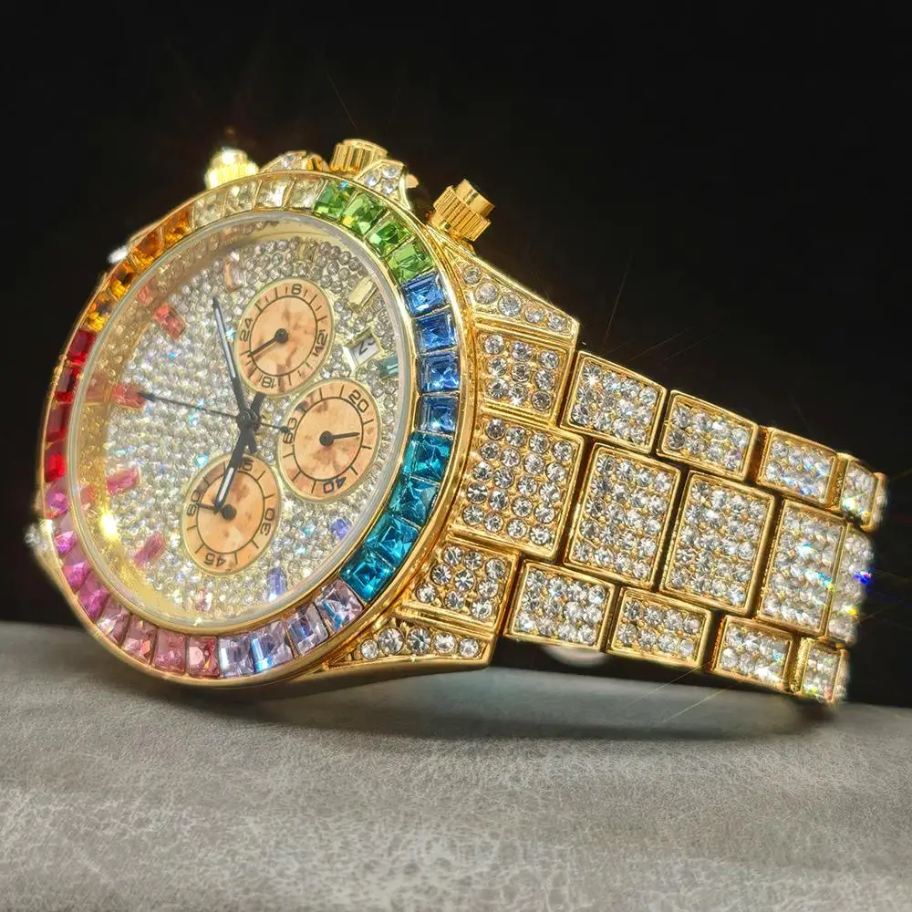 Hot Sell Fashion Gold Watch For Men Brand UNIGUET Hip Hop Rainbow Diamond shiny Jewelry Quartz Wristwatch Male Dropshipping - Image 3