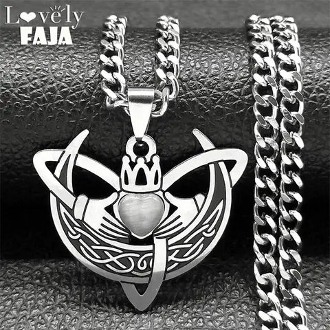 Crescent Moon Claddagh Heart Trinity Celtic Knot Necklace Women Stainless Steel Opal Stone Triquetra Necklaces Jewelry N7965S03