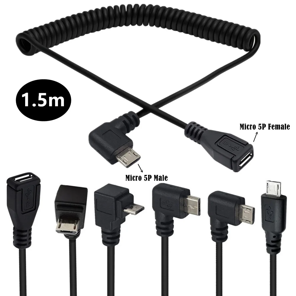 5Ft دوامة ملفوف مايكرو USB B 5Pin 5P ذكر إلى أنثى تمديد كابل #1