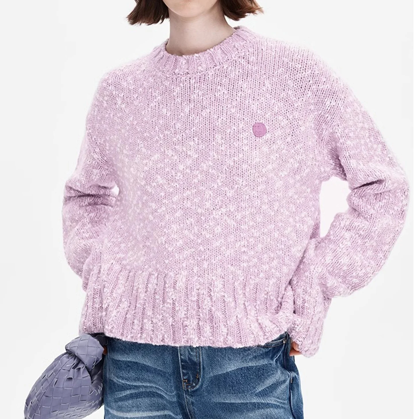 Autumn New Wool Blended Romantic Sakura Powder Loose Round Neck Profile Women's Short Sweater