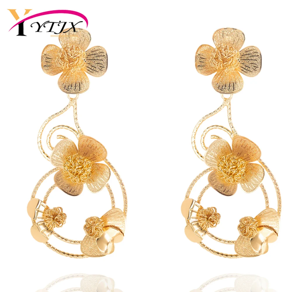 

YTJX 18K Gold Color Flower Earrings For Women Design Geometric Hollow-out Big Earrings Party Jewelry 2025 New Christmas Gifts