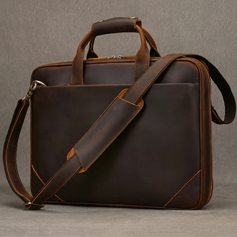 Sac à ordinateur portable en cuir de haute qualité pour hommes, porte-documents pour ordinateur de 14 à 15.6 pouces, sac à documents A4 pour hommes, sacs porte-documents en cuir épais