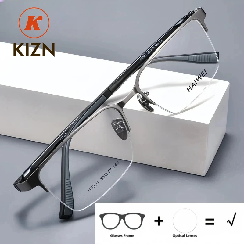 

KIZN Business Men's Optical Prescription Half-Frame Glasses Anti-Blue Light Photochromic Multifocal Square Recipe Eyewear