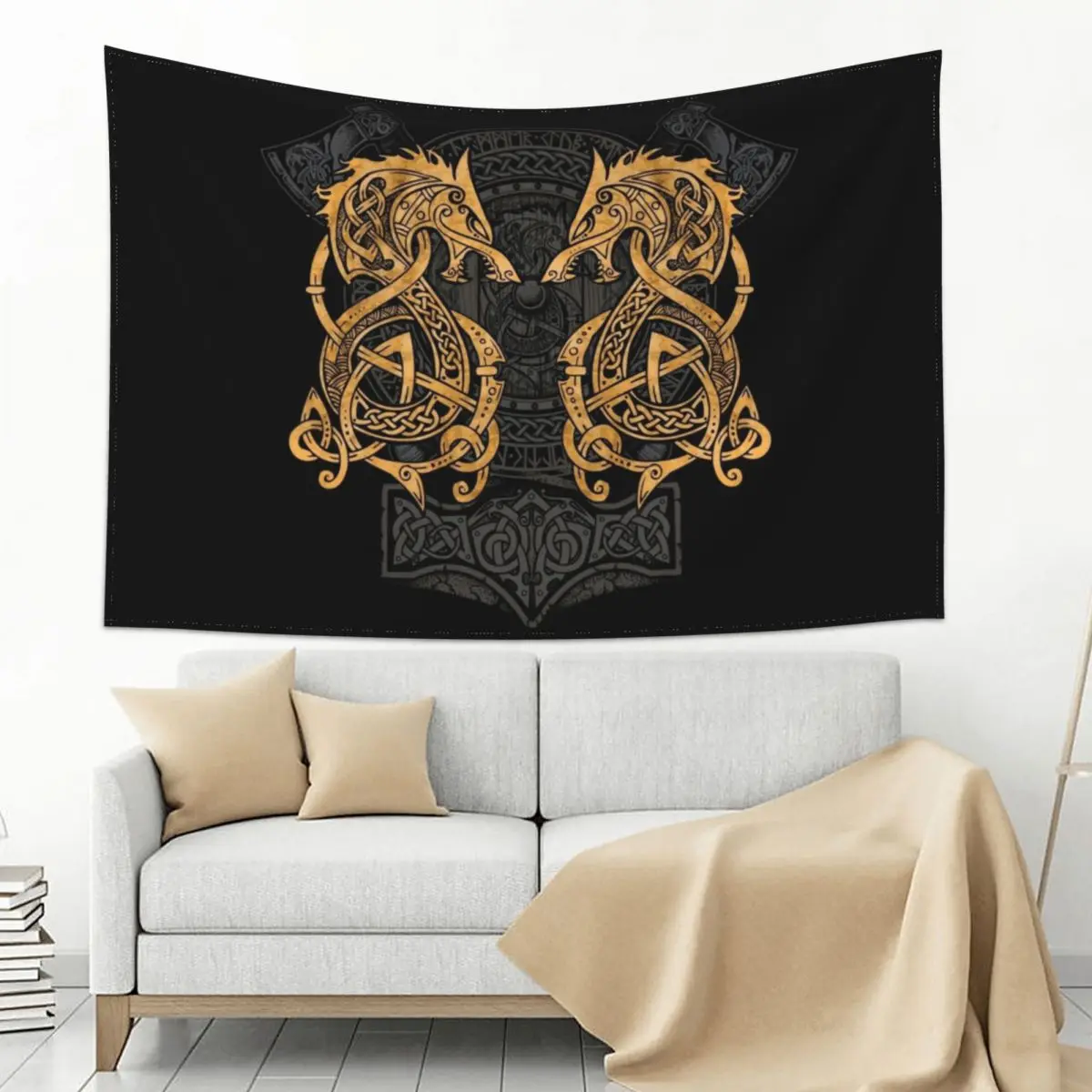 

Fighting Fenrir Gold Tapestry