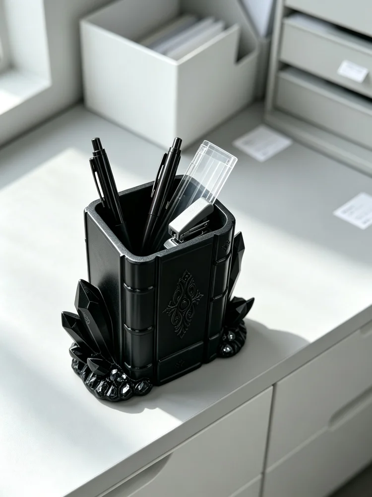 Makeup Brush Storage Tube, Magic Ancient Book Style Dark Gothic Pen Holder, Petg Material Black 3D Embossed Crystal Cluster Base, Multifunctional Desktop Storage Box, Storage for Pens, Pencils, Scissors, Rulers, Makeup Brushes, Decoration for Study Desk, Office Desk, Student Desk, Dressing Table, Creative and Personalized Gift, Halloween Office and Student Gift