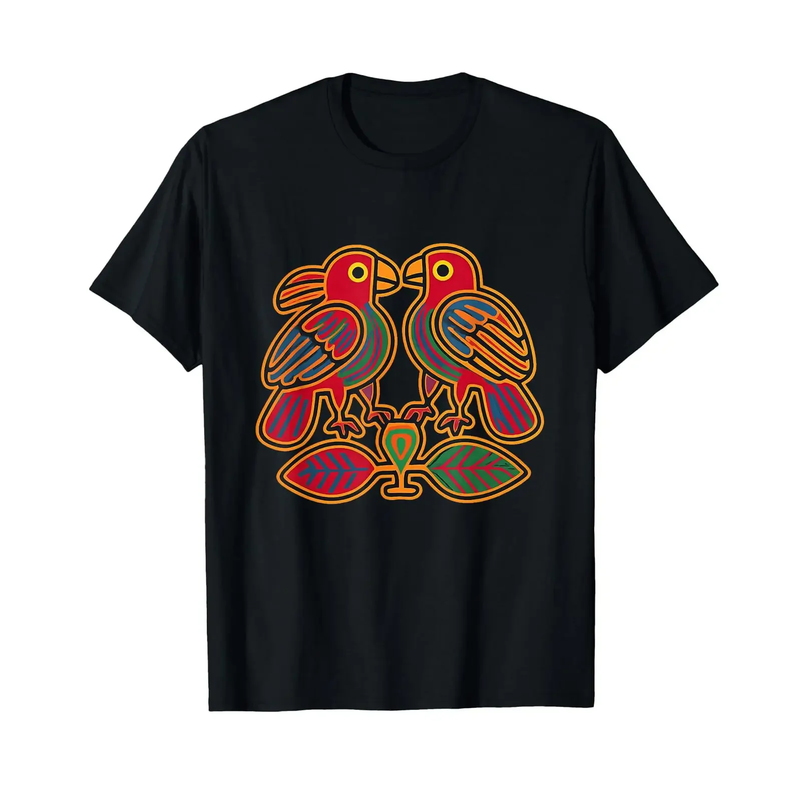 Tribal Birds Buntes Guna Mola Art Design Traditionelles T-Shirt Vintage Gewaschen Leicht Lässig Unisex Streetwear Stilvoll