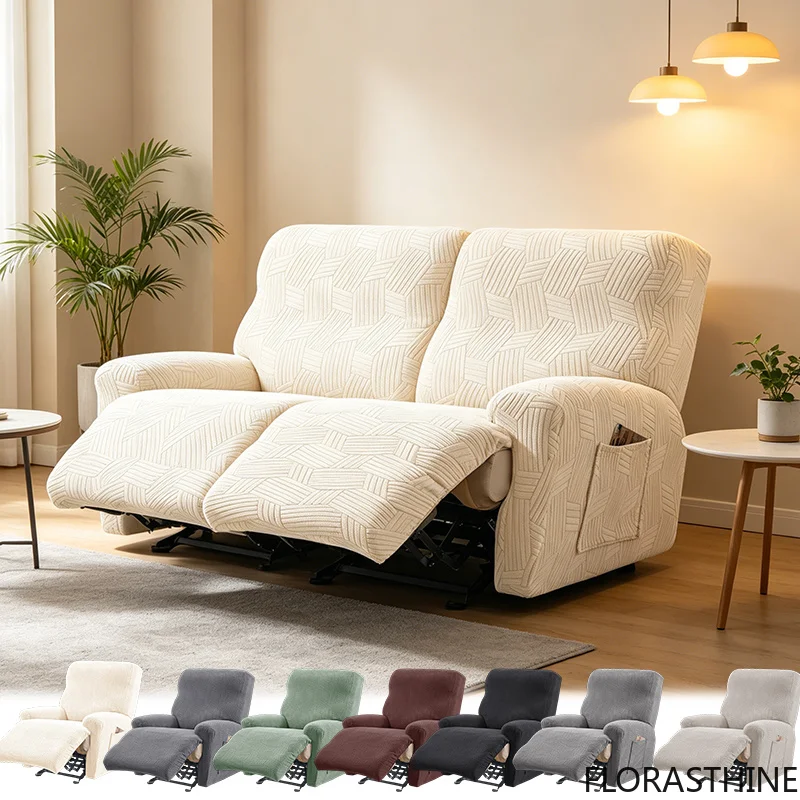 1/2/3 Seater Recliner Sofa Cover with Side Pocket, Elastic Relax Cover Armchair Non-slip Washable Sofa Slipcover for Living Room