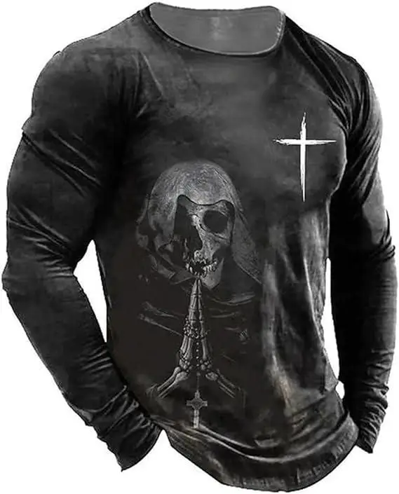 Skull Printed Long Sleeve T-shirt Men's Summer Halloween Gothic Round Neck T-shirt Casual Cross Skull Top Thin Fashion Top