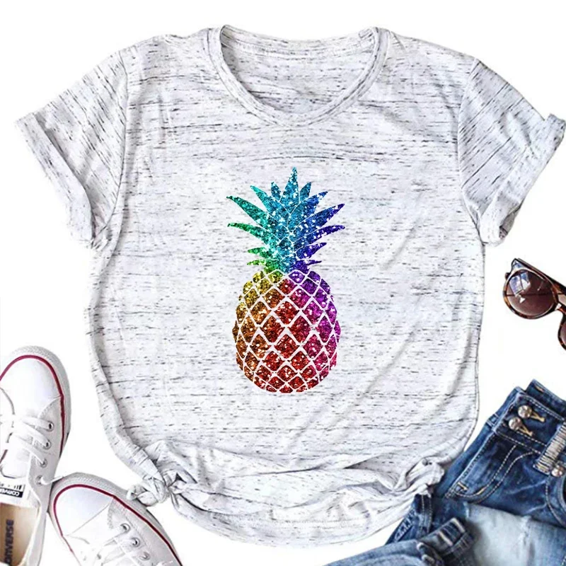 

Rainbow Pineappl Shirts Women Summer Floral Aloha Clothes Vacation Beach Tee Tropical Plants Tshirt Hawaii Clothing Kawaii M