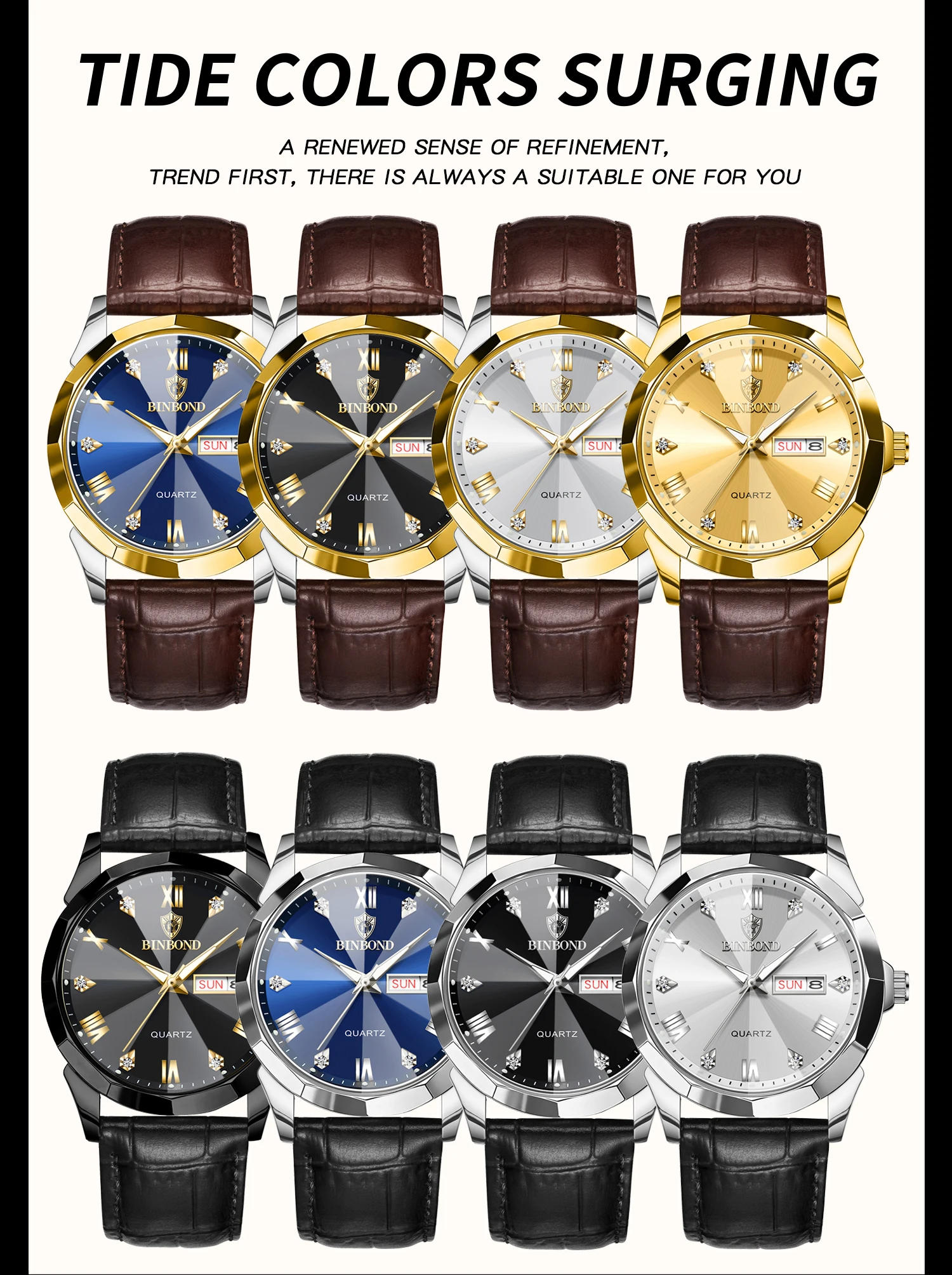 BINBOND Original Auto Date Week Display Men's Watch Reloj Hommes Leather Quartz Watches For Men Luxury Luminous Waterproof +Box
