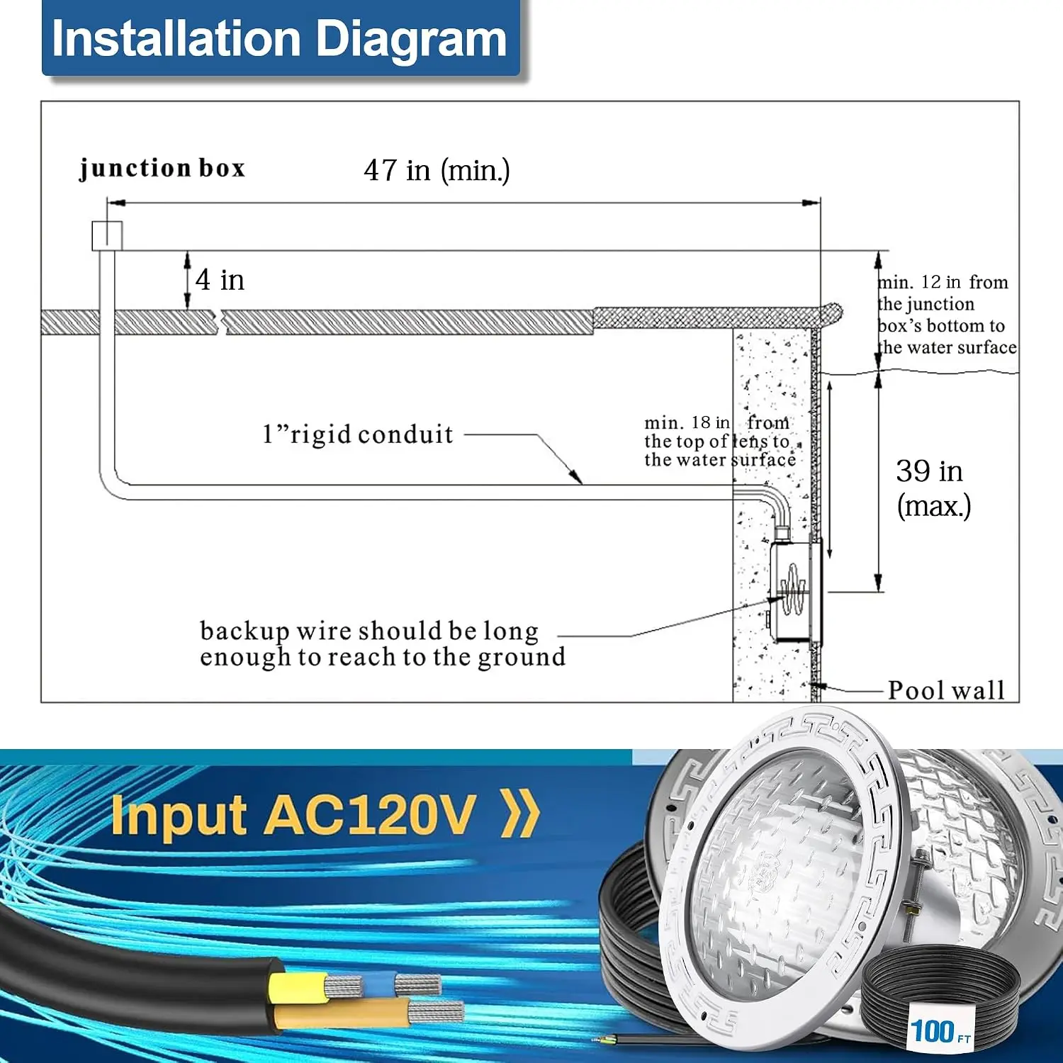 120V 10-Inch Pool Light For Inground Pools, IP68 Waterproof Pool Lights, Includes 2 X 500W Incandescent Bulbs, 100ft Cord