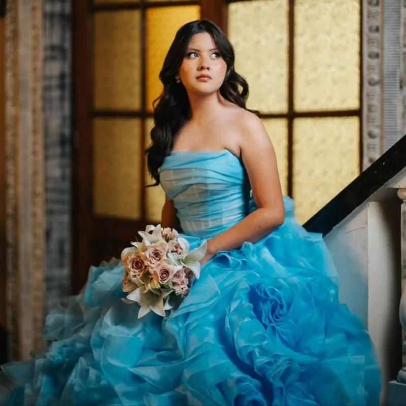 

Небесно-голубое платье Quinceanera с открытыми плечами и кристаллами, кружевное многослойное платье с длинным хвостом, платья de 15, Quinceanera ﻿ Настроить