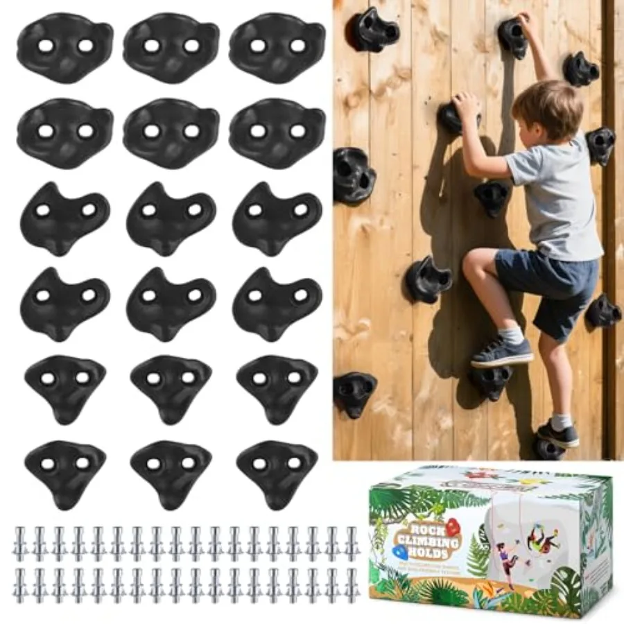 

18PCS Large Rock Wall Climbing Holds for Indoor Outdoor Play Set with Mounting Hardware Black