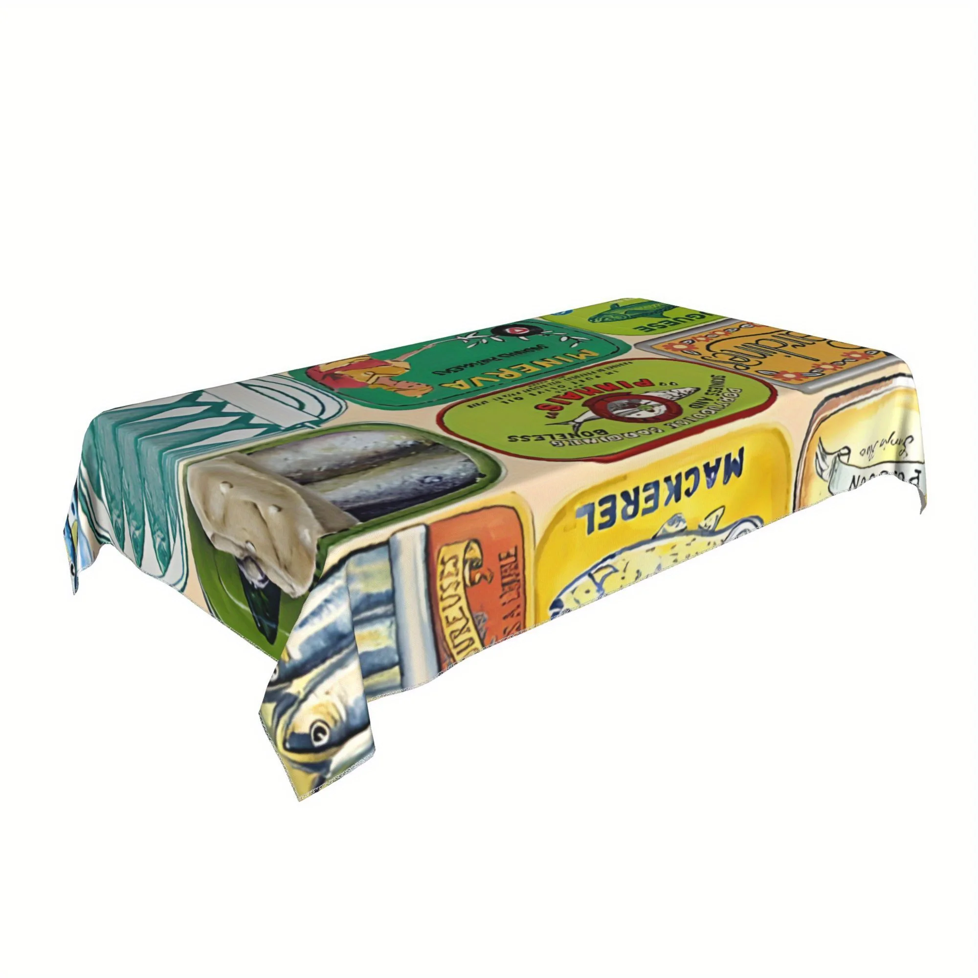 Retro Fish Tin Label Tablecloth Vintage Mixed Sardine Can Art Pattern Tablecover Dinner Table Holiday Party Dining Room Decor