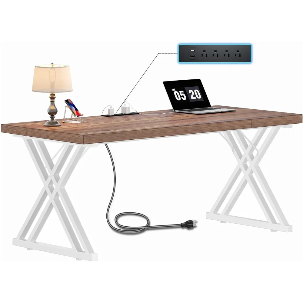 

Executive Desk 63", Large Computer Desk with Charging Station, Office Workstation, Modern Simple Style Study Writing Table, Busi