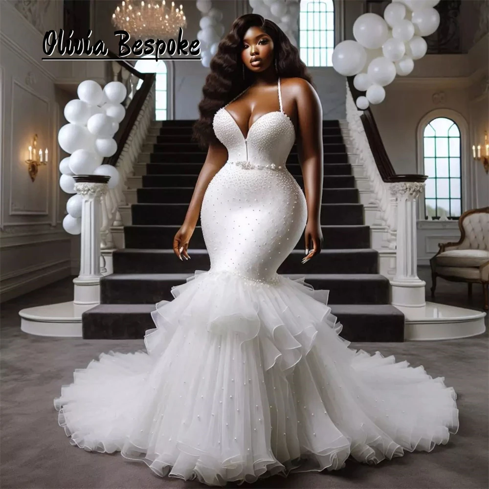 

Wonderful Halter Aso Ebi Mermaid Wedding Dresses Beaded Pearls Ruffles African Bridal Dress 2025 vestidos novias boda Customized