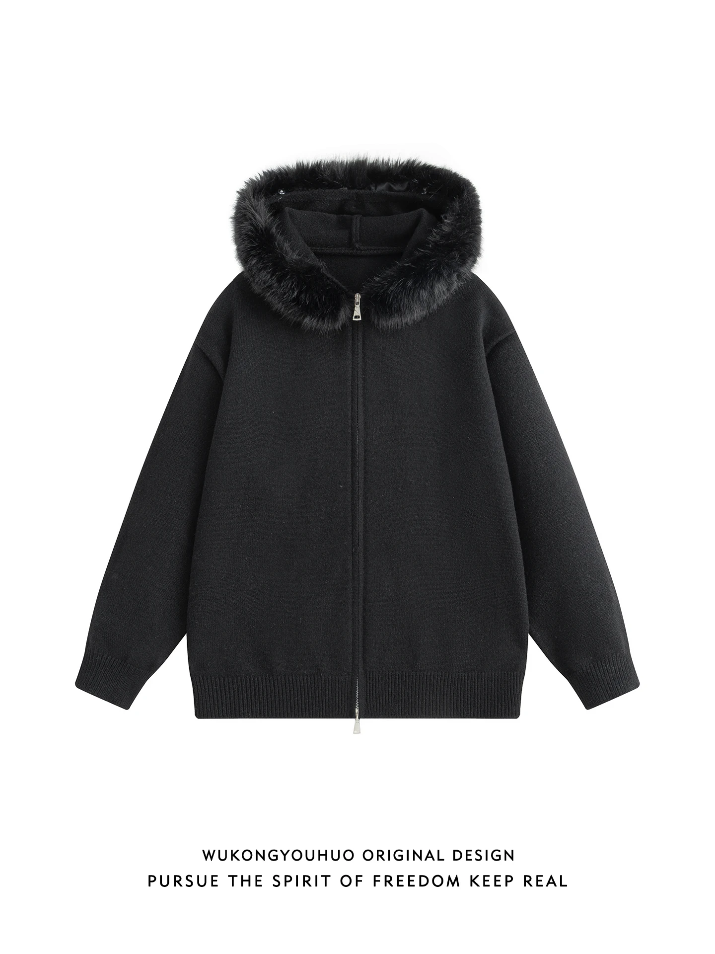 2025 Winter New Simple Fur Collar Hooded Knit Sweater Stylish Men's Fashion Trend Casual Loose Zipper Cardigan Sweater Jacket