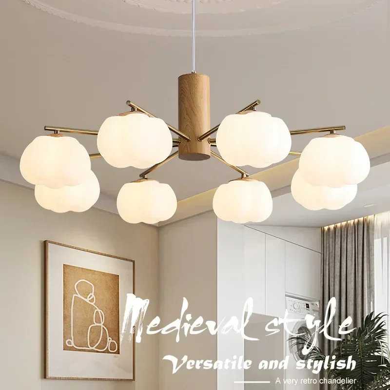 Lámpara de techo LED de estilo nórdico para decoración, luces colgantes largas de madera, algodón y cristal para sala de estar y comedor