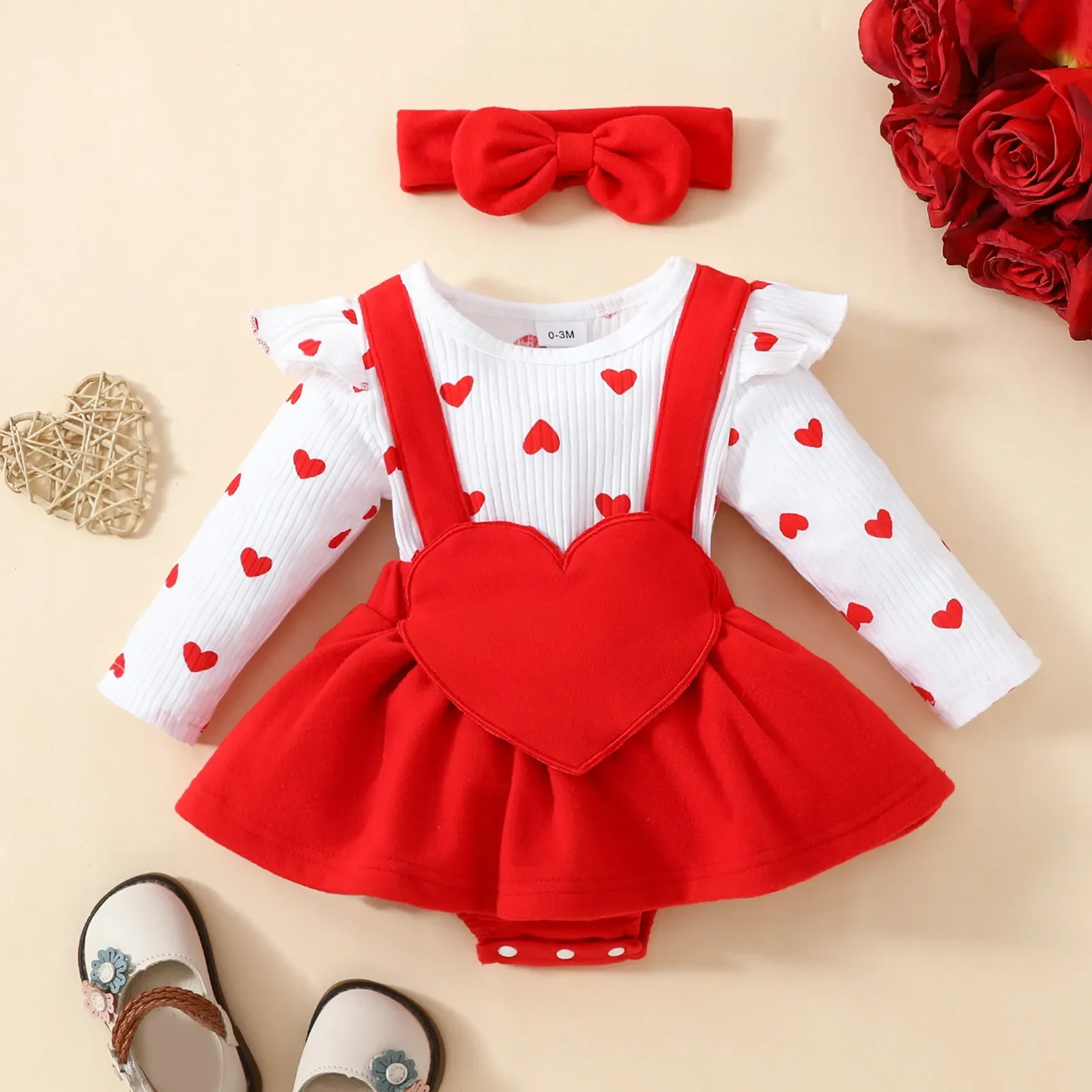 

Cute Baby Girls Valentine S Day Romper Dress One Year 3 Months Ruffle Heart Print Romper Headband Newborn Infant Baby Clothes