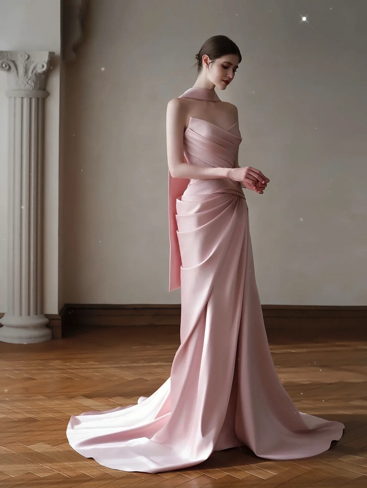 

Elegant Pale Pink Evening Dress Sweet Strapless Silk Ribbon Fold Slim Sleeveless Trailing Formal Occasion Bridal Toast Dress New