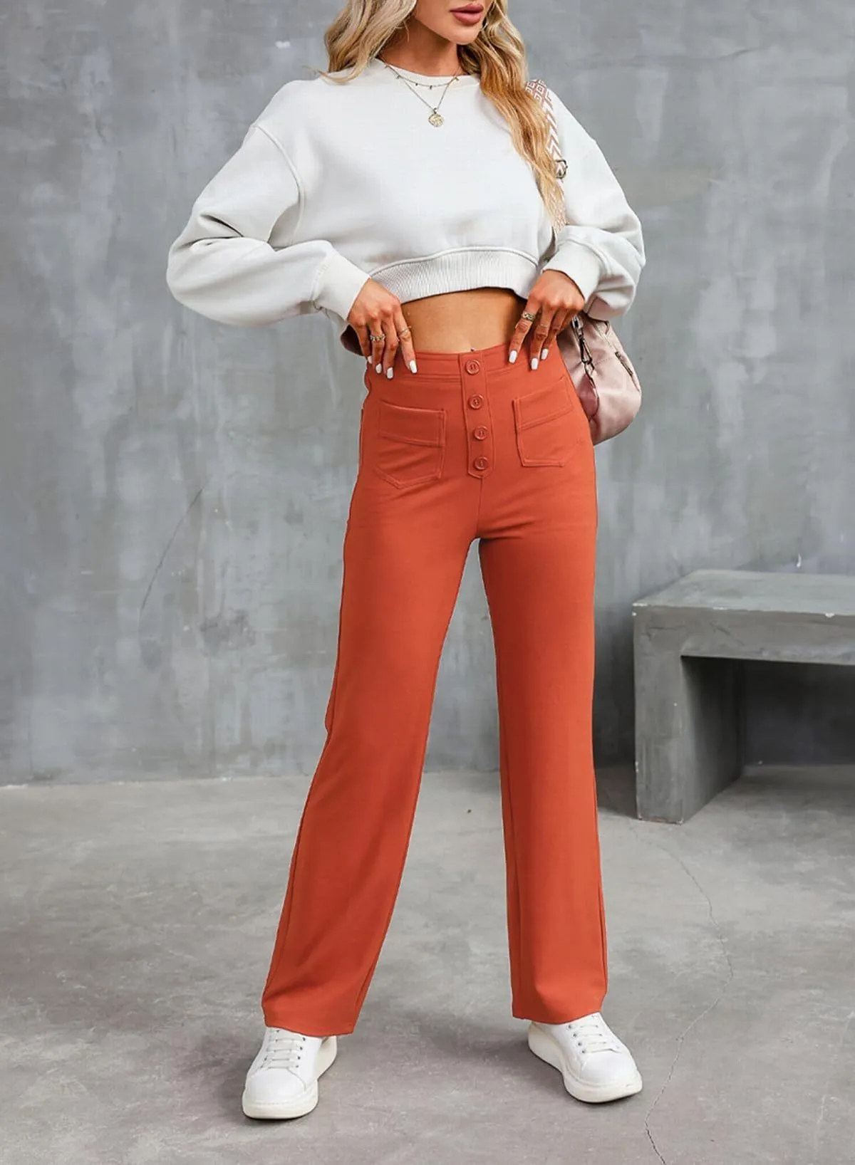 Spring Autumn Women Multiple Button Pocket Straight Leg Pants High Elastic Waist Trendy Street Ladies Solid Casual Trousers