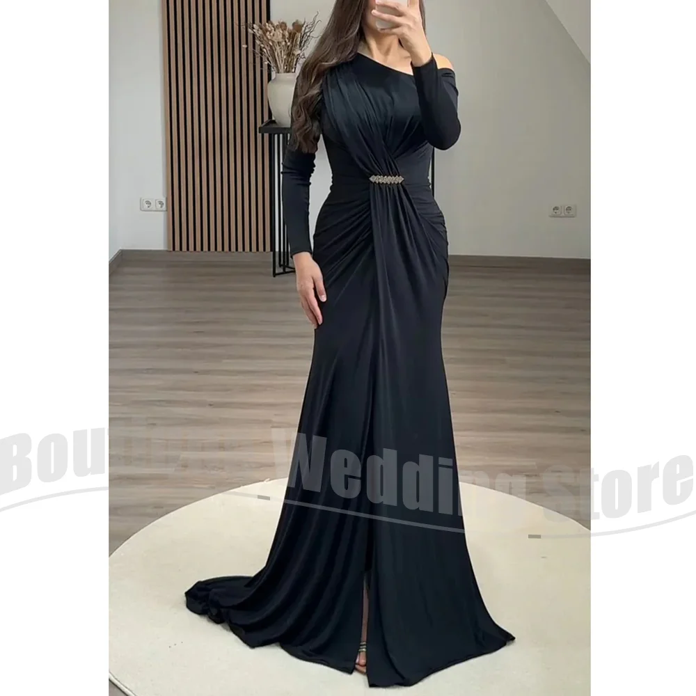 

Chic Diagonal Collar Evening Dresses Fashion Long Sleeves Pleated Mermaid Prom Gowns for Women Slim Formal Party Dresses