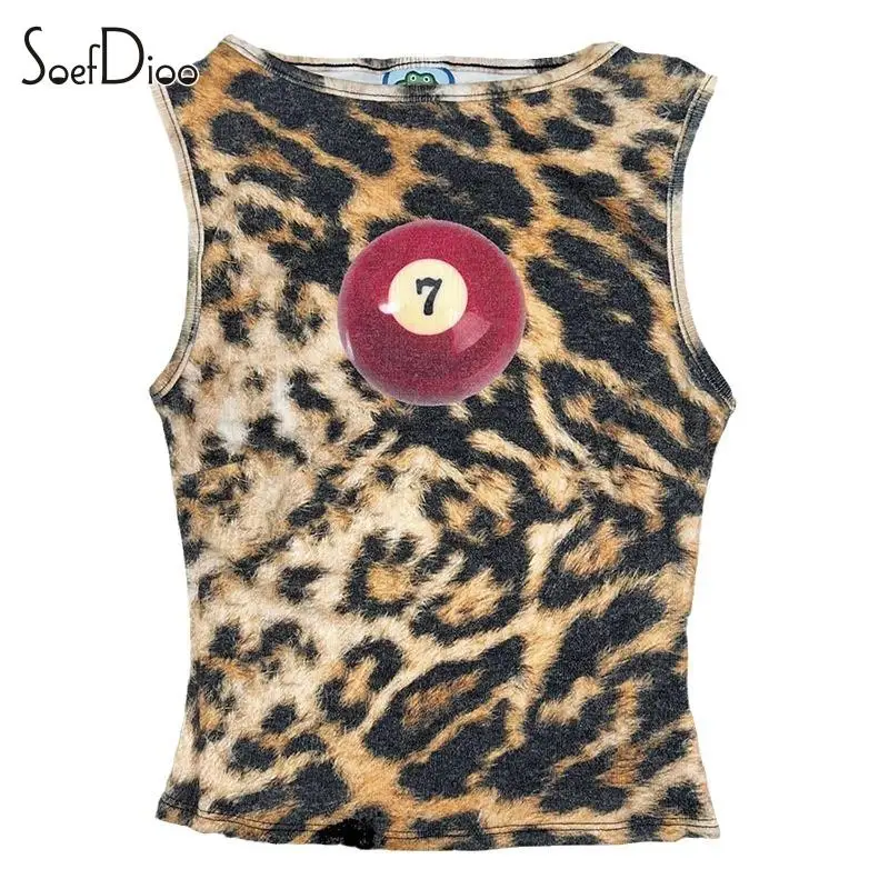 

Soefdioo Women Leopard Print Vests Summer Trend O-Neck Sleeveless Y2K Crop Tank Top 2025 Harajuku Streetwear Casual Club Tops