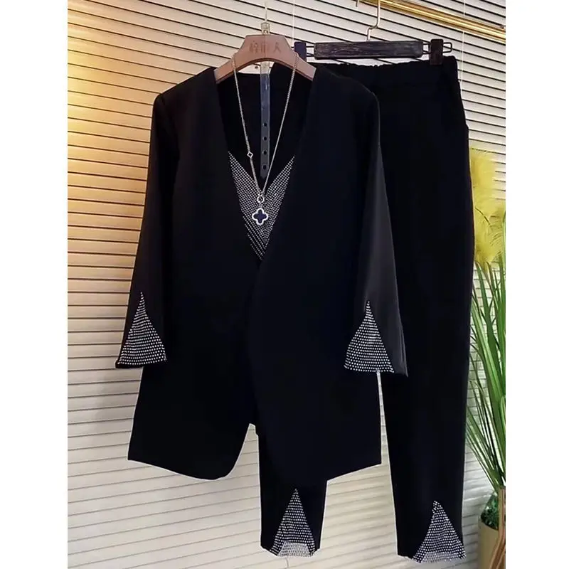 Imagem -02 - Terno de Escritório com Lantejoulas Feminino Conjunto de Peças Colete Blusa e Calça Blazer Jaqueta Roupa para Senhoras Roupas de Trabalho Tamanho Grande 2xl6xl