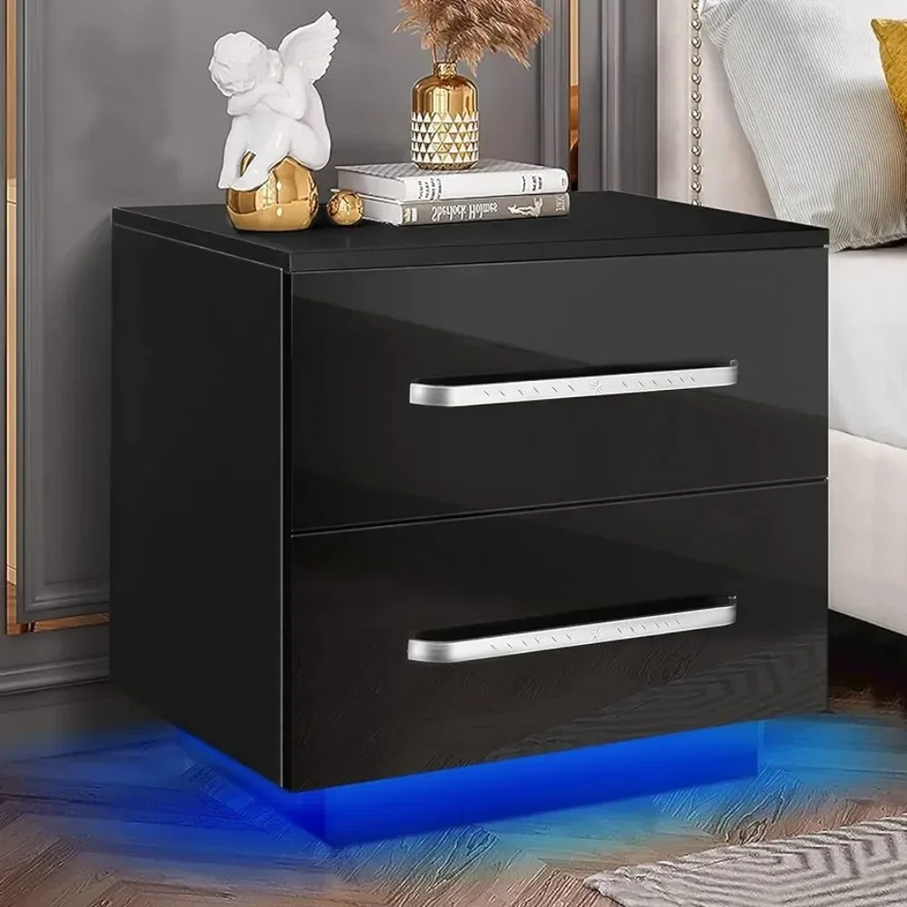 Small LED Bedside Table, Modern Black LED Bedside Table with LED Strip 2 Drawer Bedroom High Gloss Bedside Table