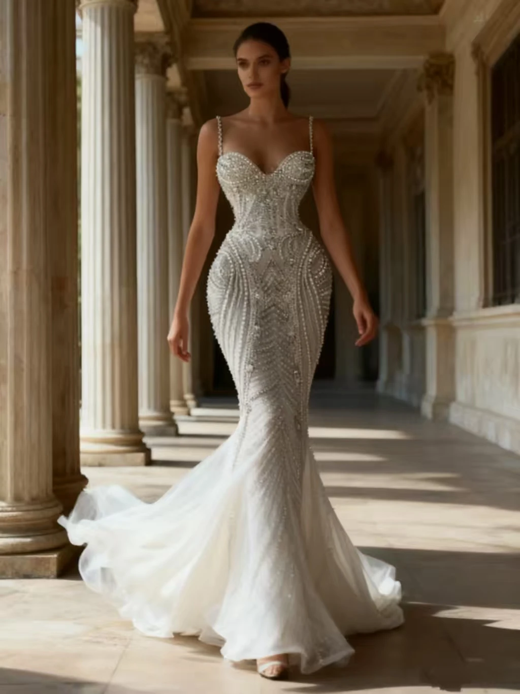 

Роскошное свадебное платье русалки в Дубае с бретелями по индивидуальному заказу, 2022, женское платье невесты с тяжелым жемчугом и бисером, в стиле русалки W1429