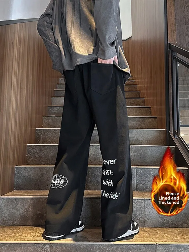 

Men's Fce Lined Bootcut Jeans Thiened Straight Leg High Street Sle Winter Wearable Youth Faion Long Trousers