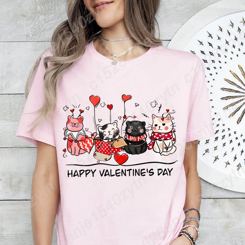 Cat Happy Valentine's Day Print T-shirt Women Summer Lovely Short Sleeve Tees Casual Round Neck T-Shirt Ladies Fashion Loose Top