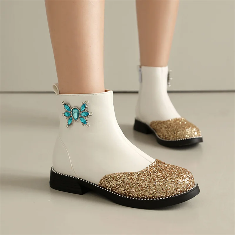 

Fashion 2025 New Popular Girls' Boots Sequin Splicing Inlaid Blue Gemstones Party Shoes for Princess 12+y