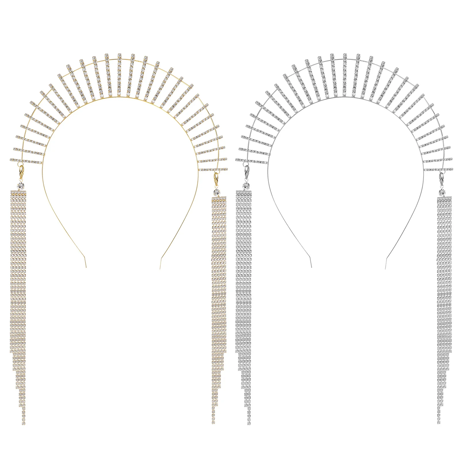 

2Pcs Rhinestones Tassel Crown Crystal Tiara Headbands Wedding Party Engagement Bride Hair Accessories Goddess Headpiece