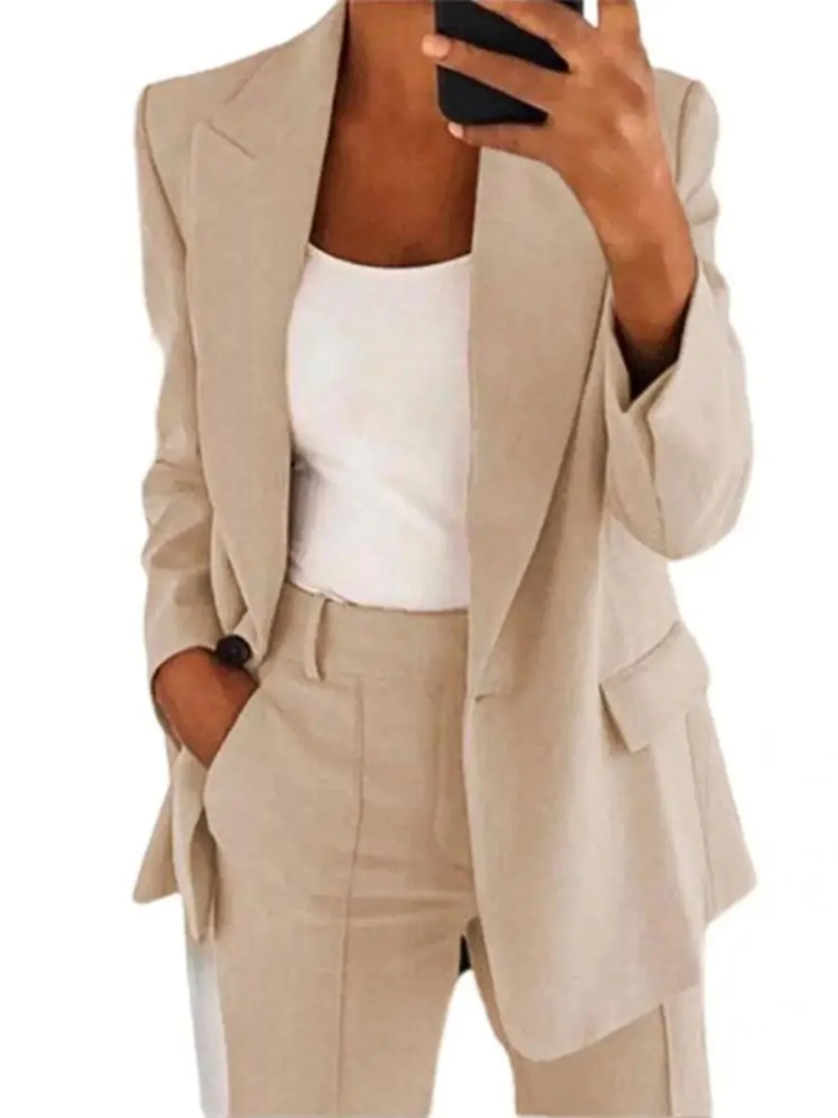 

Casual Pure Color Lapel Suit Set Women's Long Sve Polyester Fiber Two-Piece Spring Collection Faionable Casual Sportswear