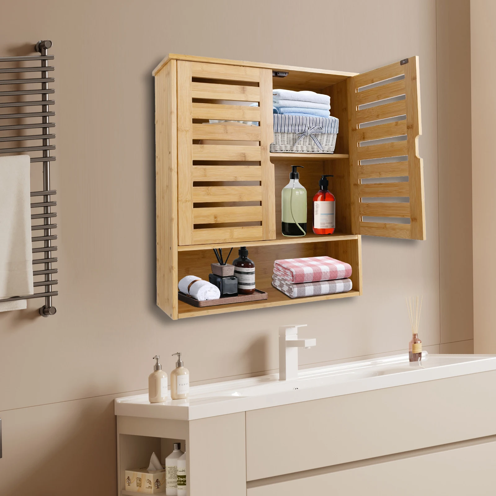 

3-Layers Bamboo Storage Cabinet Wall Mounted 23*7.9*26in Decor Racks Storage Cabinets