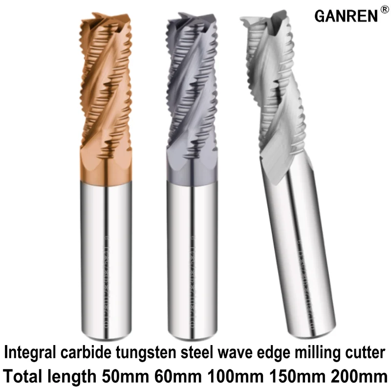 Molino de extremo plano de carburo cementado sólido con borde ondulado, revestimiento de aluminio, longitud de 100mm, 150mm, 200mm, piel rugosa de acero de tungsteno