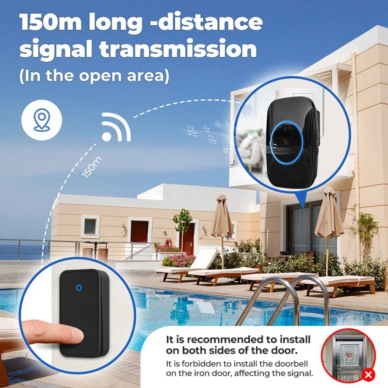 Self Powered Wireless Doorbell No Battery Waterproof Door Bell For Kids Elderly Caller 2 Button 2 Receiver