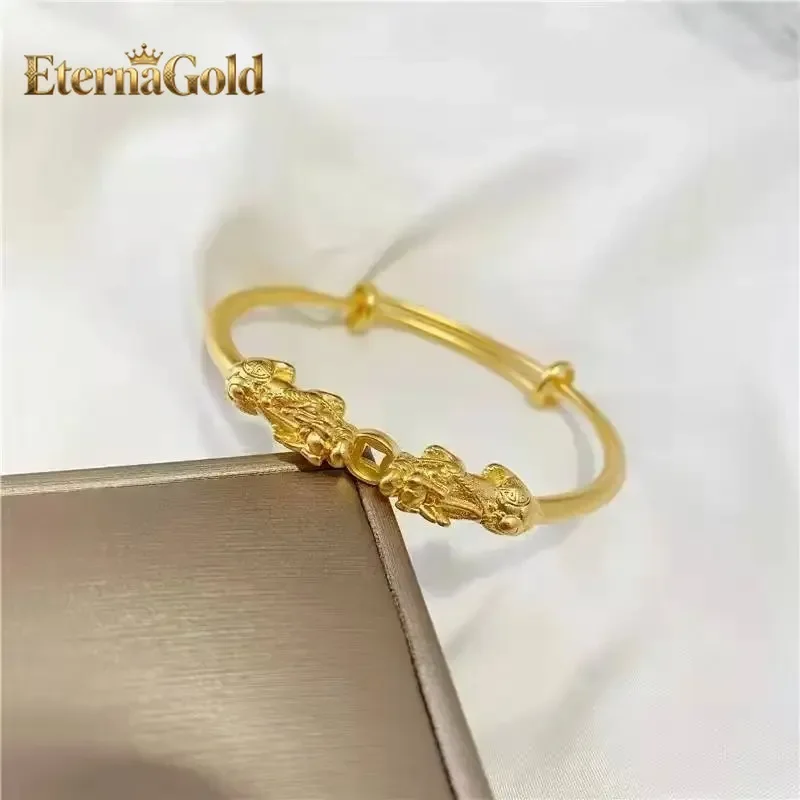 

Браслет EternaGold 9999 из настоящего золота 24K с двойным Пи Сю и монетами, женский модный браслет