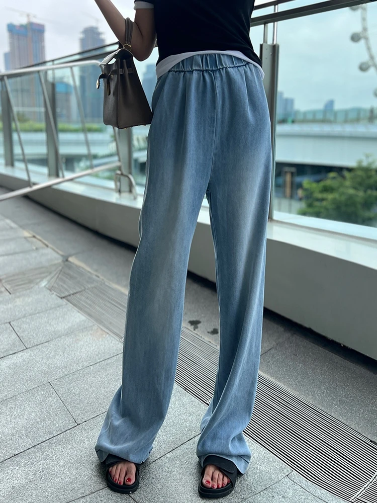 

Джинсы прямого кроя для похудения, светло-голубые, с эластичным поясом, из воздушного тонкого хлопкового денима, с высокой талией, стрейч, для женщин среднего возраста, летняя мода