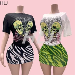 HLJ Pattern Printing Y2K Mini Skirts Two Piece Sets Women Round Neck Short Sleeve Top And Skirts Outfit Fashion Trend Streetwear