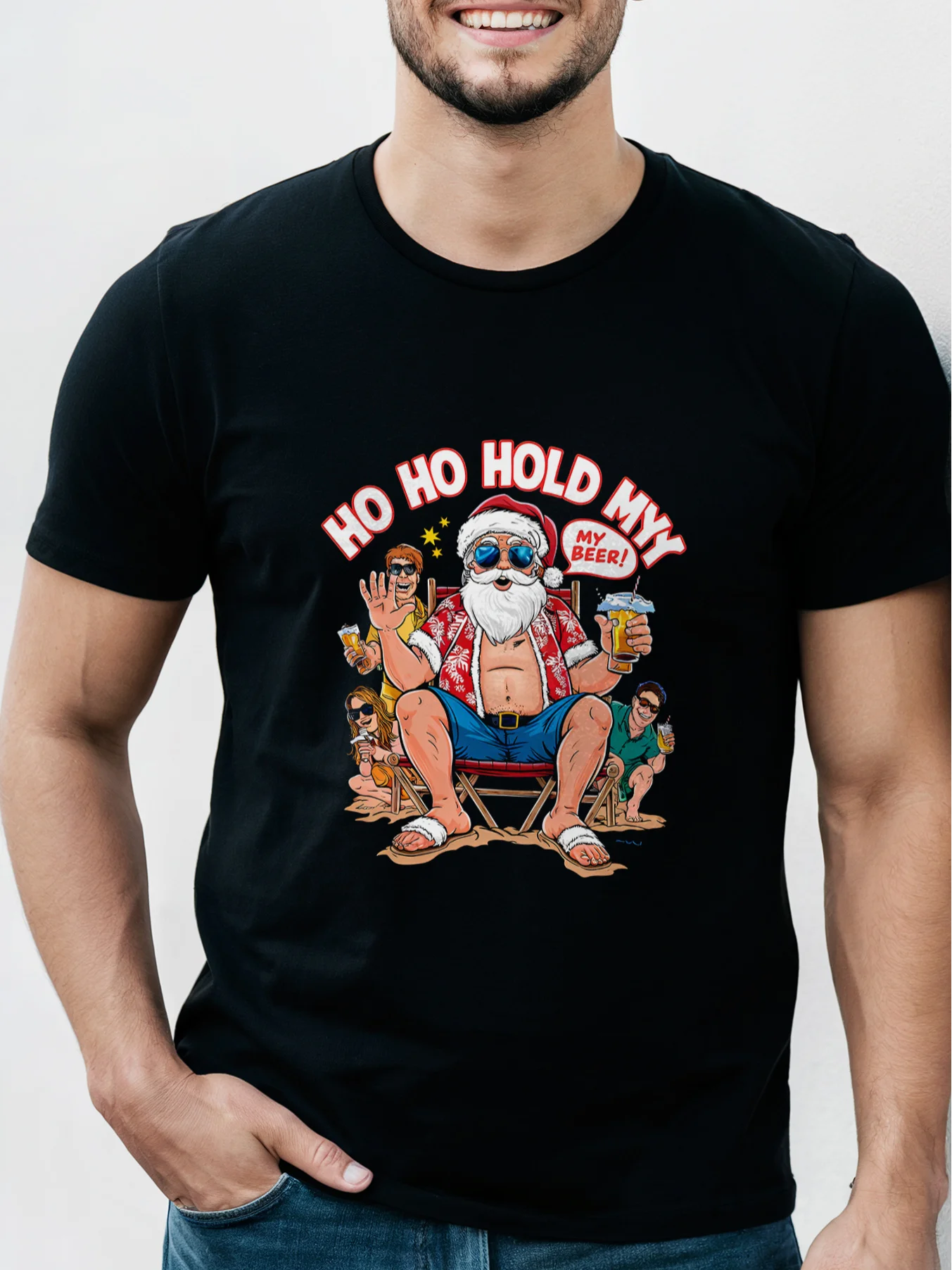 

1 шт. Мужская повседневная хлопковая футболка с принтом HO HO HOLD MY BEER, круглый вырез, слегка стрейч, стандартный крой, летний пляж Санта-Графи