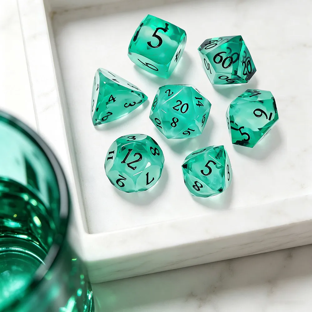 7Pcs Resin Multifaceted Sharp Edge Dice Set, Transparent Green Color, Black Numbers, Tabletop Game Dice For DND RPG Role Playing